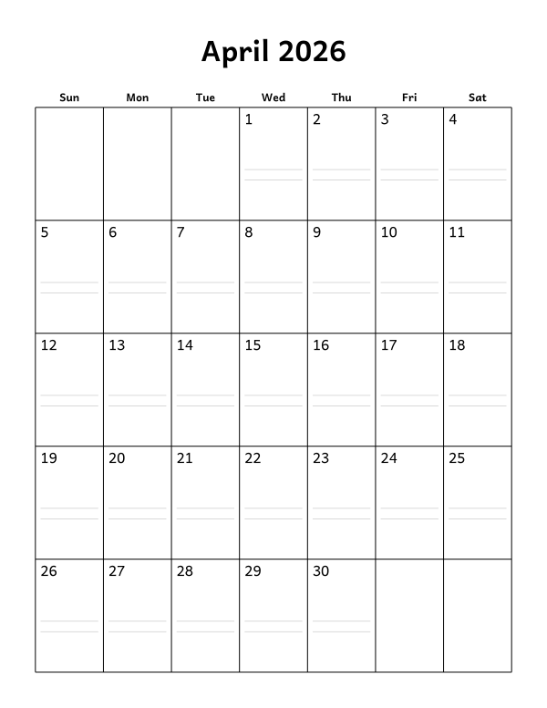 Printable April 2026 calendar, notes layout, week starting Sunday