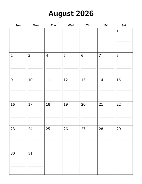 Printable August 2026 calendar, notes layout, week starting Sunday