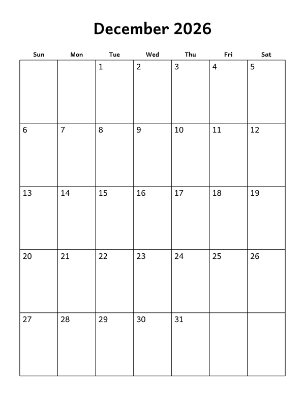 Printable December 2026 calendar, blank layout, week starting Sunday