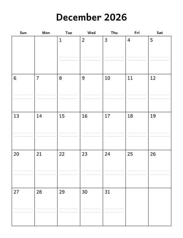 Printable December 2026 calendar, notes layout, week starting Sunday
