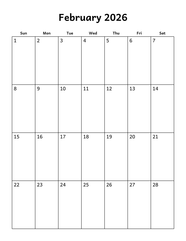 Printable February 2026 calendar, blank layout, week starting Sunday