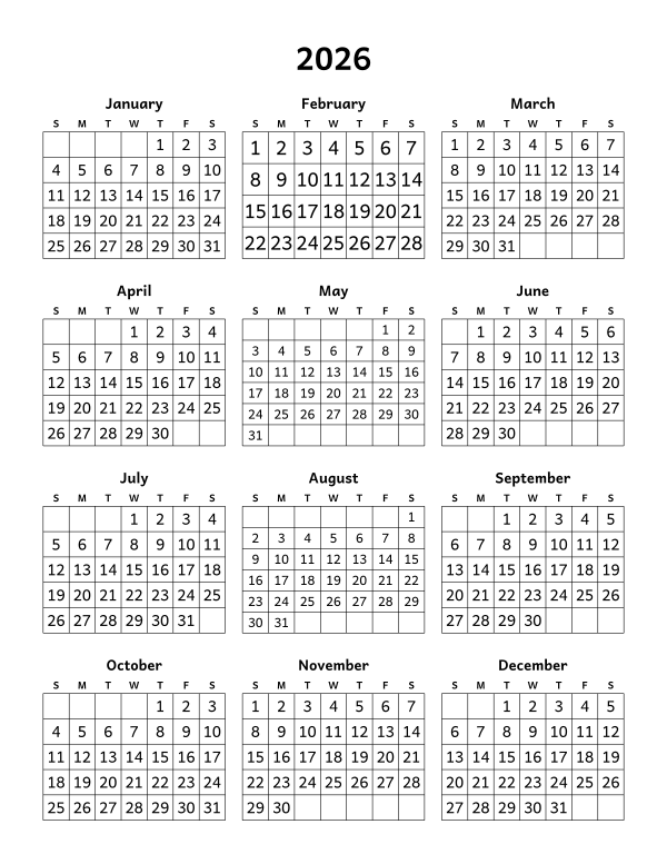 Printable 2026 year-at-a-glance calendar, twelve months on one page, week starting Sunday