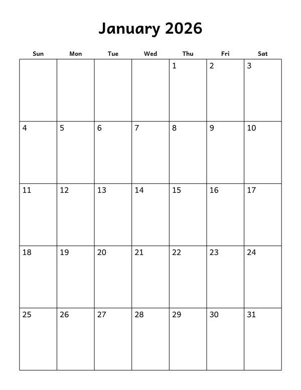 Printable January 2026 calendar, blank layout, week starting Sunday