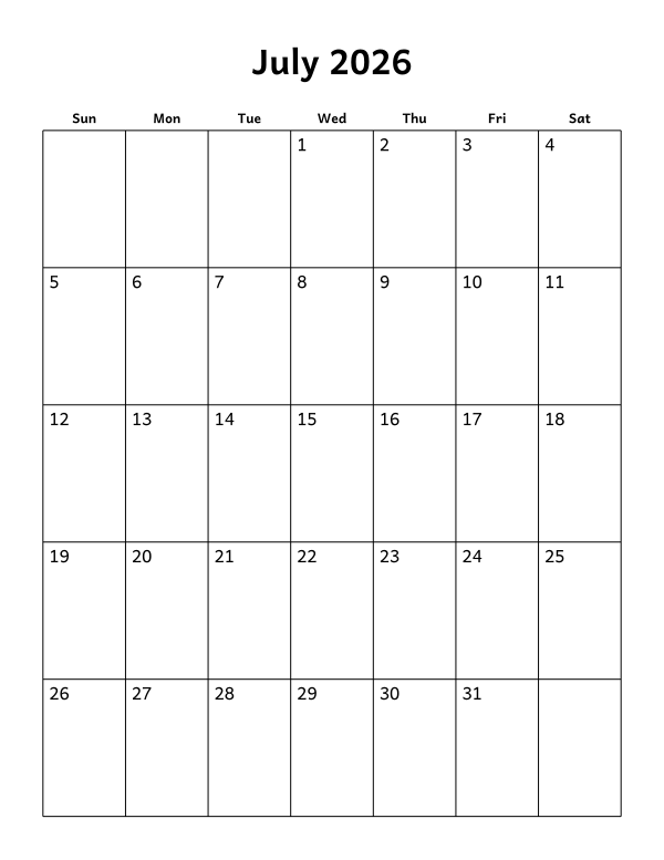 Printable July 2026 calendar, blank layout, week starting Sunday