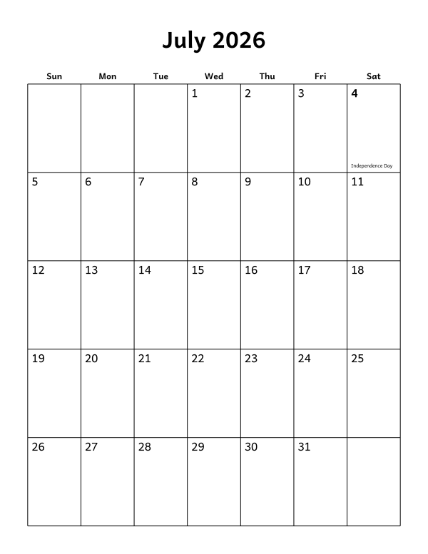 Printable July 2026 calendar, holidays layout, week starting Sunday