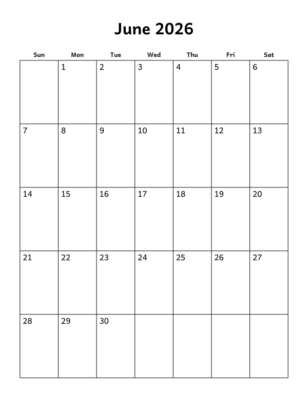 Printable June 2026 calendar, blank layout, week starting Sunday