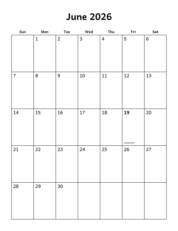 Printable June 2026 calendar, holidays layout, week starting Sunday