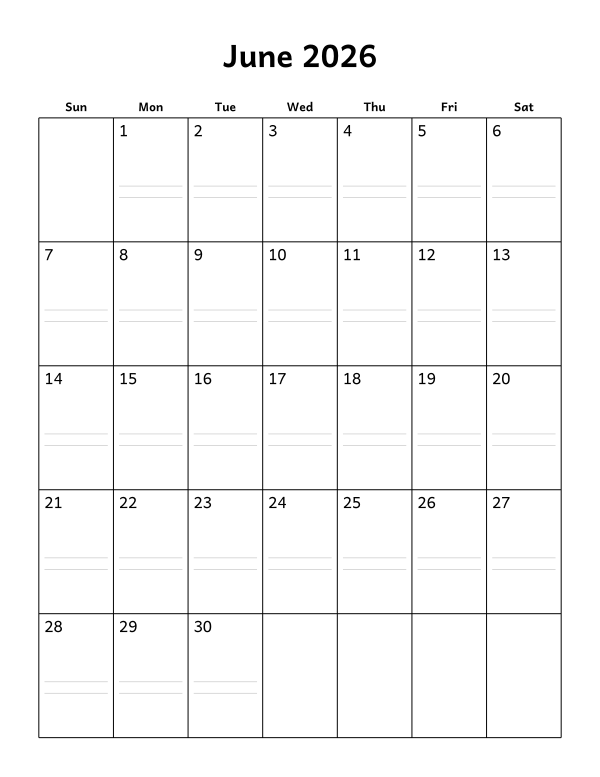 Printable June 2026 calendar, notes layout, week starting Sunday