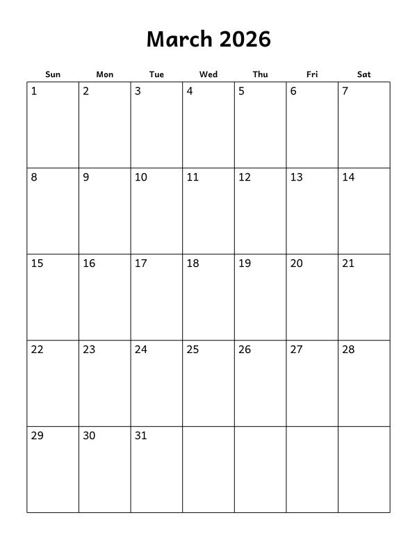 Printable March 2026 calendar, blank layout, week starting Sunday