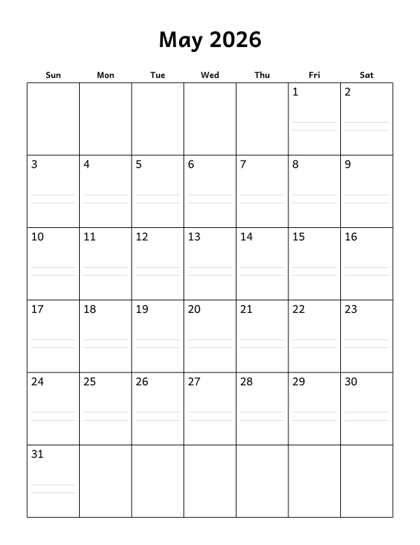 Printable May 2026 calendar, notes layout, week starting Sunday