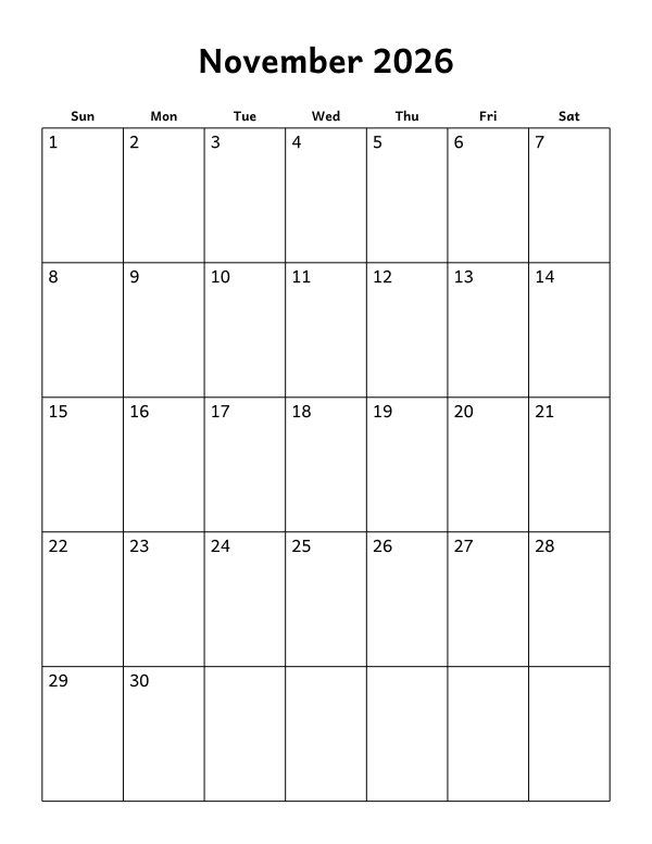 Printable November 2026 calendar, blank layout, week starting Sunday