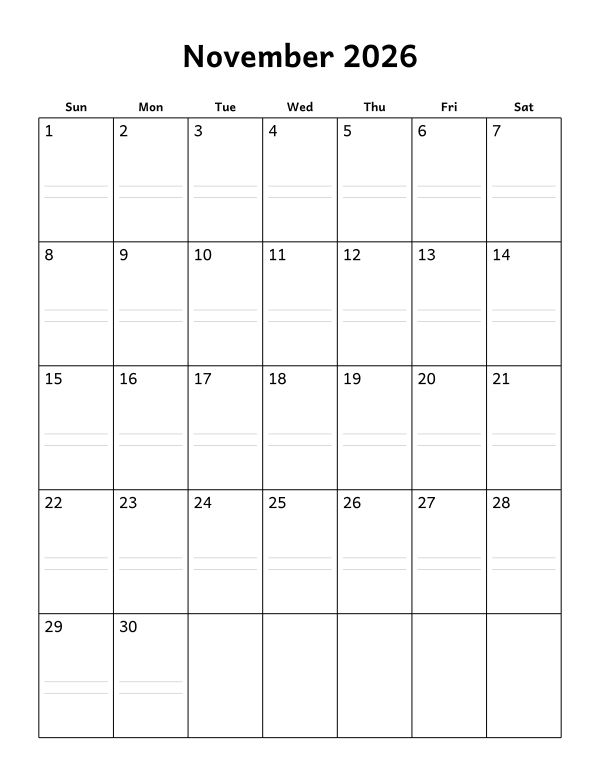 Printable November 2026 calendar, notes layout, week starting Sunday