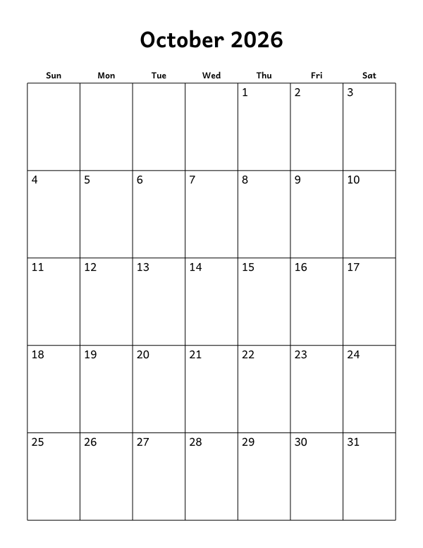 Printable October 2026 calendar, blank layout, week starting Sunday