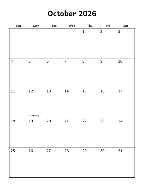 Printable October 2026 calendar, holidays layout, week starting Sunday