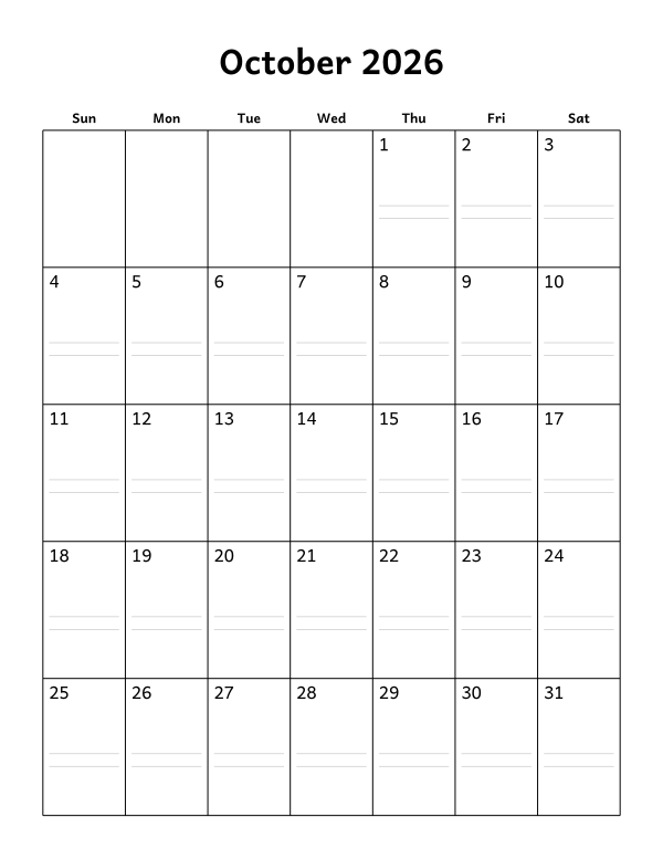 Printable October 2026 calendar, notes layout, week starting Sunday