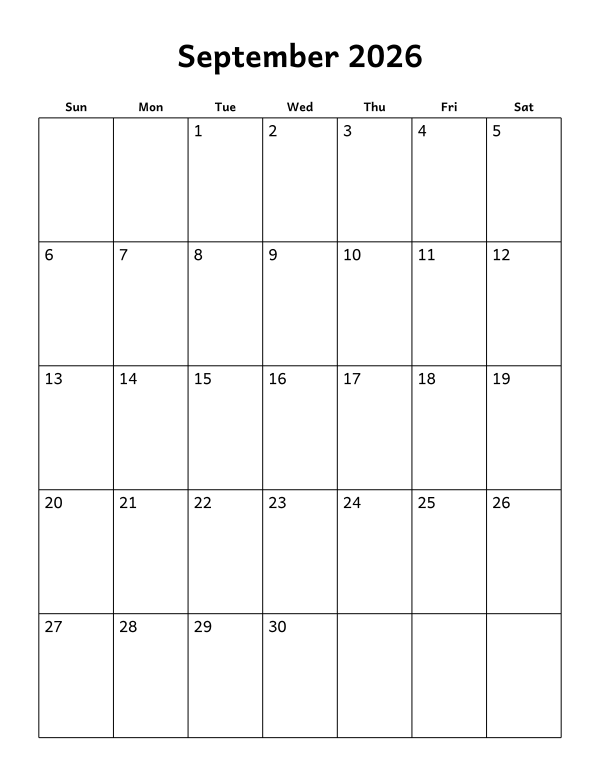 Printable September 2026 calendar, blank layout, week starting Sunday
