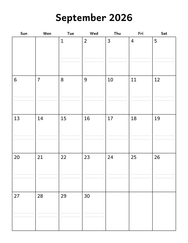 Printable September 2026 calendar, notes layout, week starting Sunday