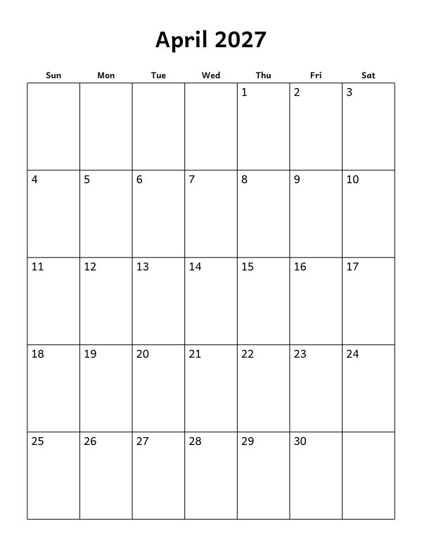 Printable April 2027 calendar, blank layout, week starting Sunday