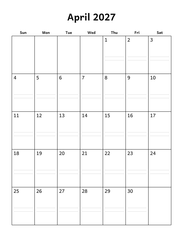 Printable April 2027 calendar, notes layout, week starting Sunday