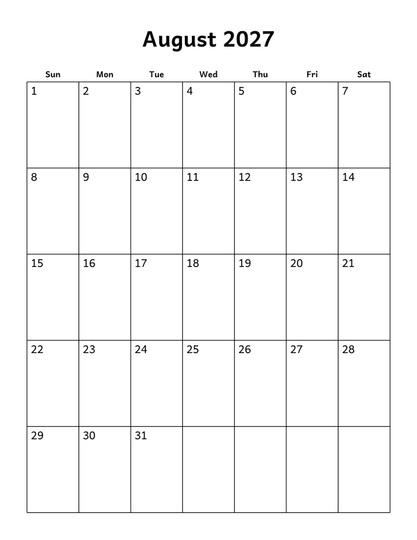 Printable August 2027 calendar, holidays layout, week starting Sunday