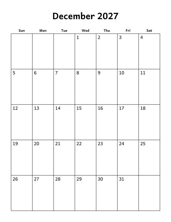 Printable December 2027 calendar, blank layout, week starting Sunday