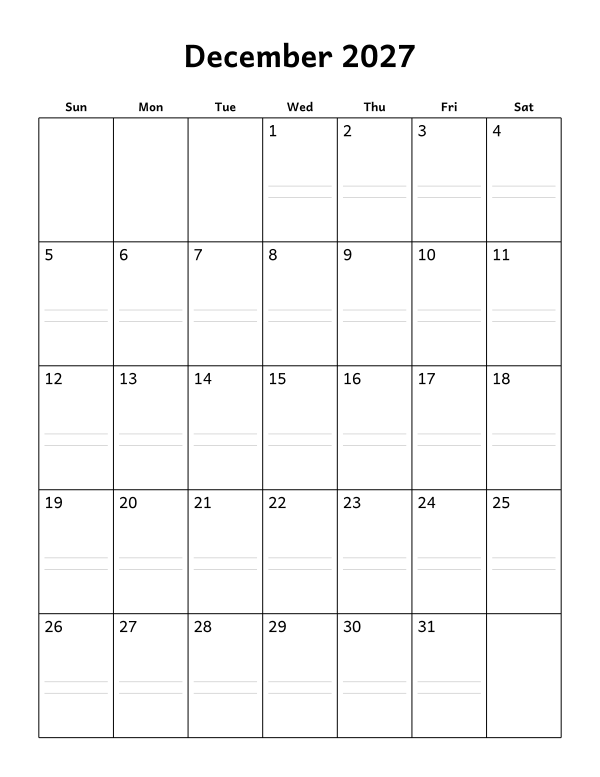 Printable December 2027 calendar, notes layout, week starting Sunday
