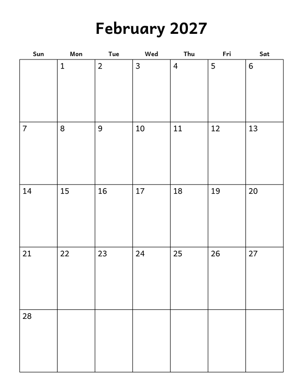 Printable February 2027 calendar, blank layout, week starting Sunday
