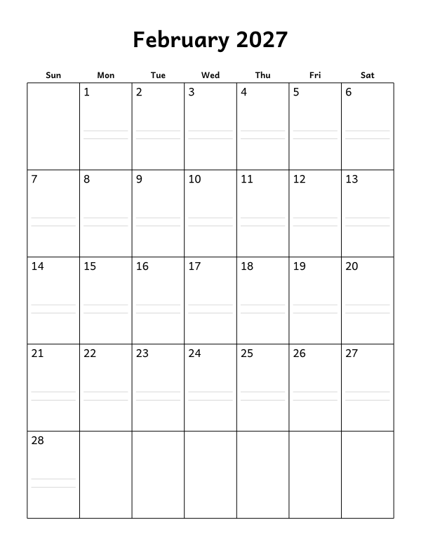 Printable February 2027 calendar, notes layout, week starting Sunday