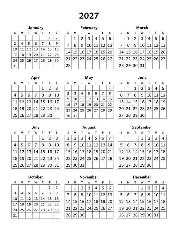 Printable 2027 year-at-a-glance calendar, twelve months on one page, week starting Sunday