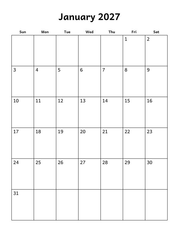 Printable January 2027 calendar, blank layout, week starting Sunday