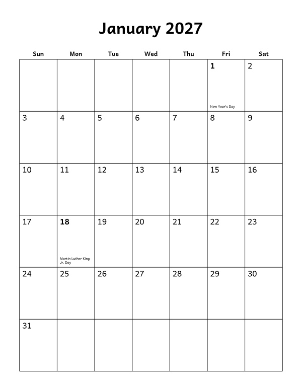 Printable January 2027 calendar, holidays layout, week starting Sunday