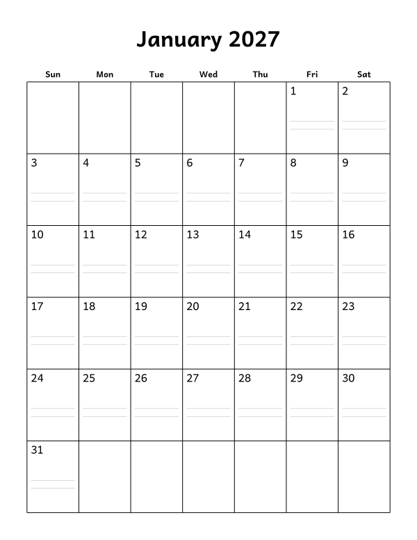 Printable January 2027 calendar, notes layout, week starting Sunday