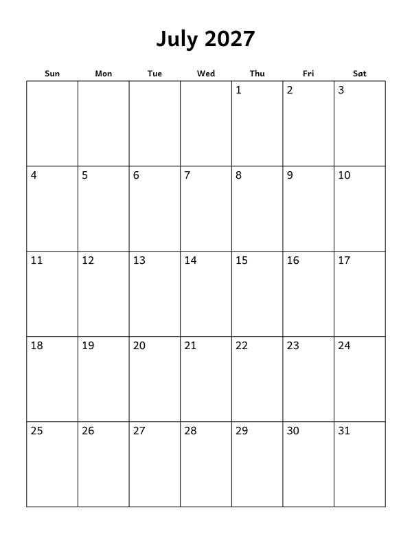 Printable July 2027 calendar, blank layout, week starting Sunday