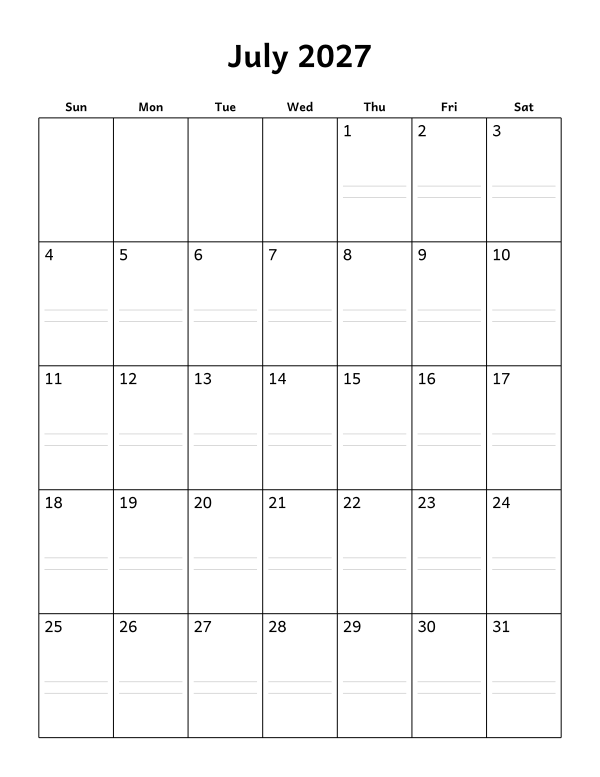 Printable July 2027 calendar, notes layout, week starting Sunday