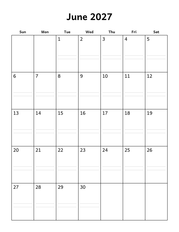 Printable June 2027 calendar, notes layout, week starting Sunday