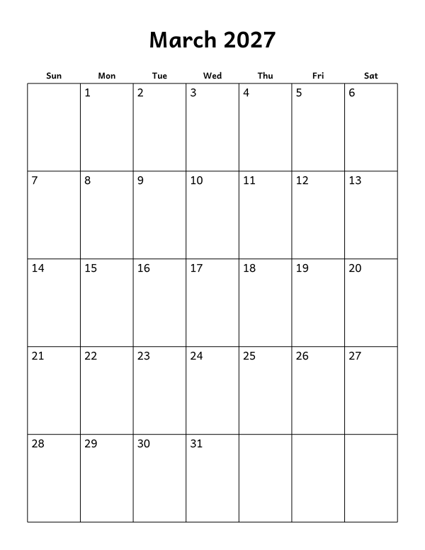 Printable March 2027 calendar, blank layout, week starting Sunday