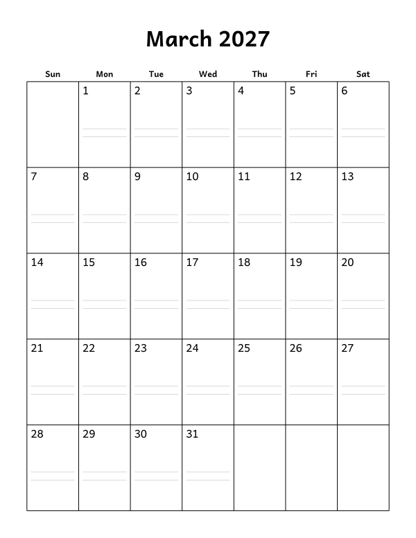 Printable March 2027 calendar, notes layout, week starting Sunday