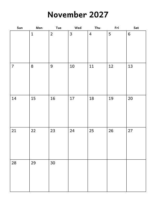Printable November 2027 calendar, blank layout, week starting Sunday