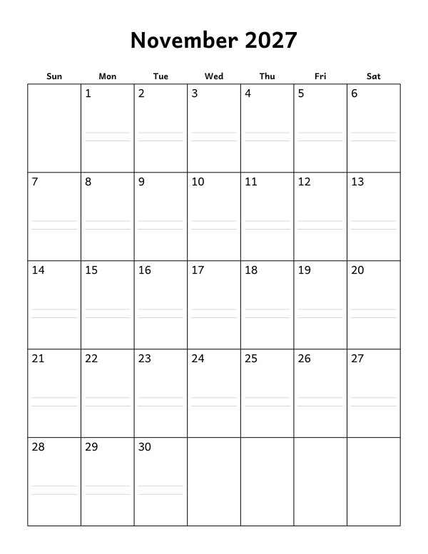 Printable November 2027 calendar, notes layout, week starting Sunday