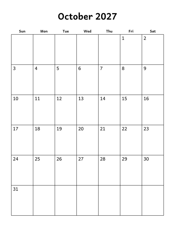 Printable October 2027 calendar, blank layout, week starting Sunday