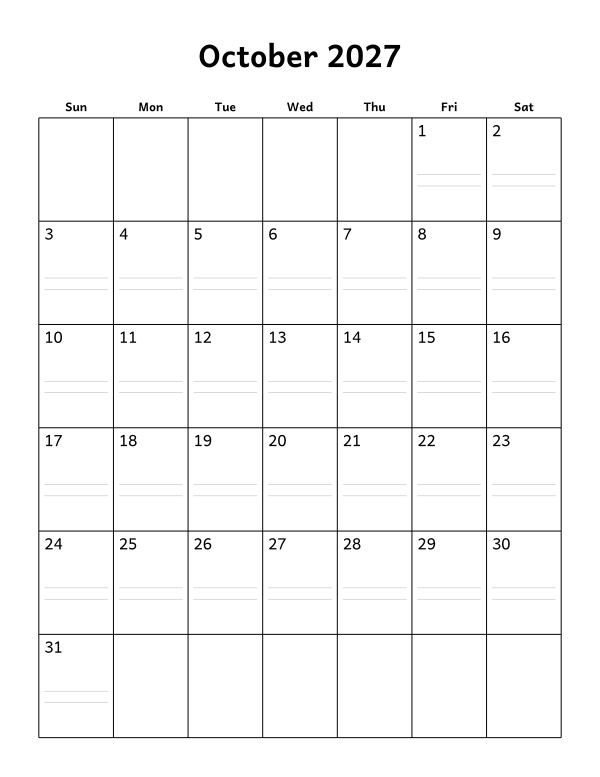 Printable October 2027 calendar, notes layout, week starting Sunday