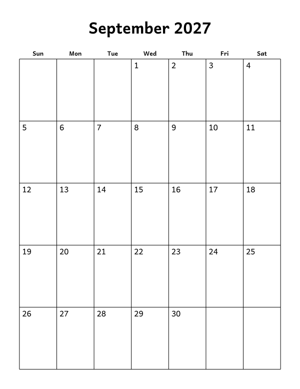 Printable September 2027 calendar, blank layout, week starting Sunday