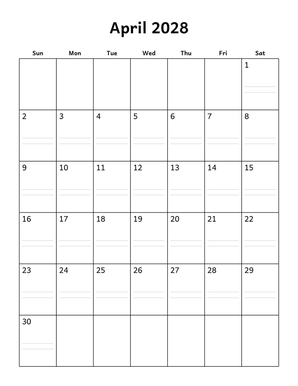 Printable April 2028 calendar, notes layout, week starting Sunday