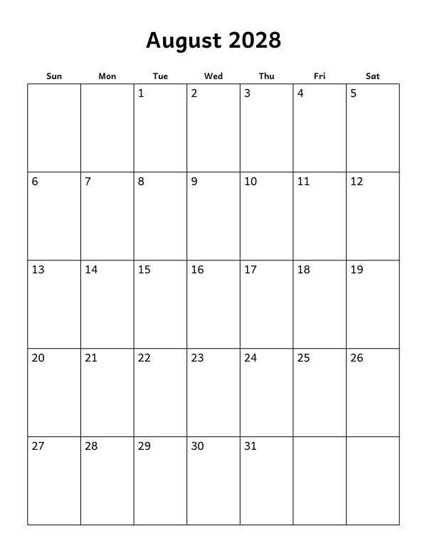 Printable August 2028 calendar, blank layout, week starting Sunday