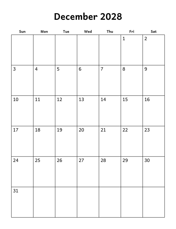Printable December 2028 calendar, blank layout, week starting Sunday