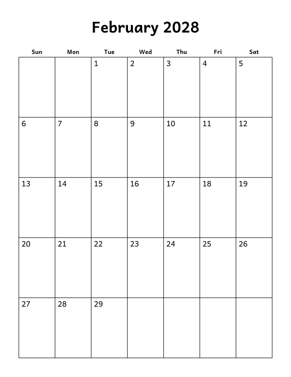 Printable February 2028 calendar, blank layout, week starting Sunday