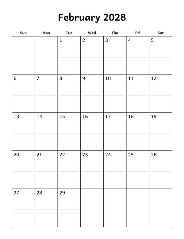 Printable February 2028 calendar, notes layout, week starting Sunday