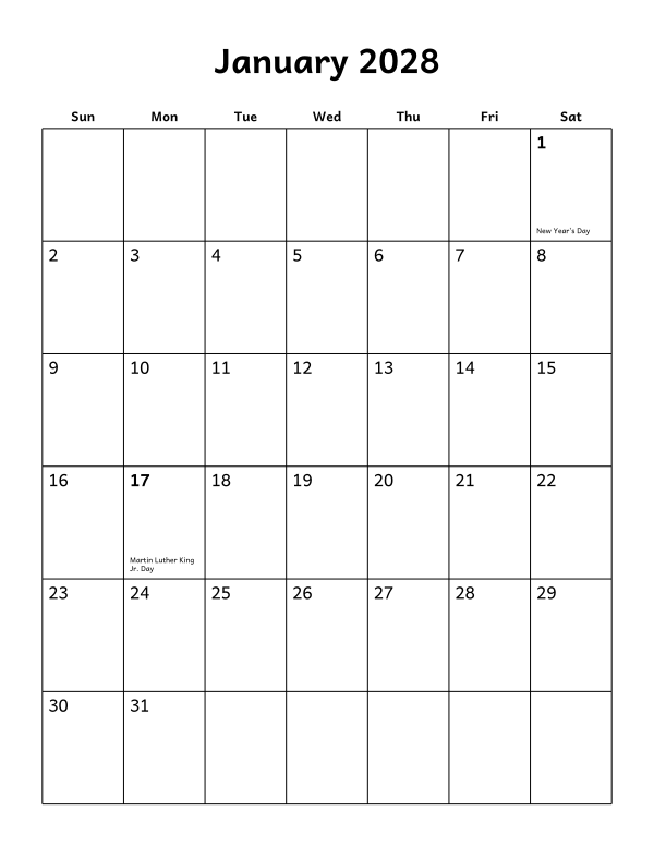 Printable January 2028 calendar, holidays layout, week starting Sunday
