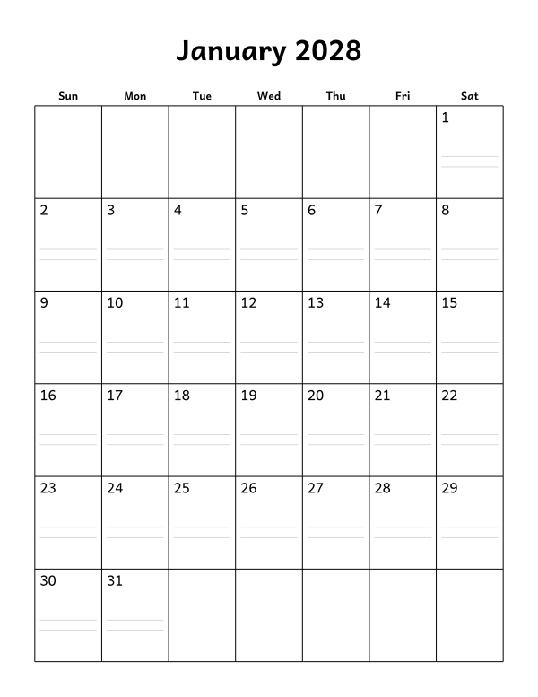 Printable January 2028 calendar, notes layout, week starting Sunday