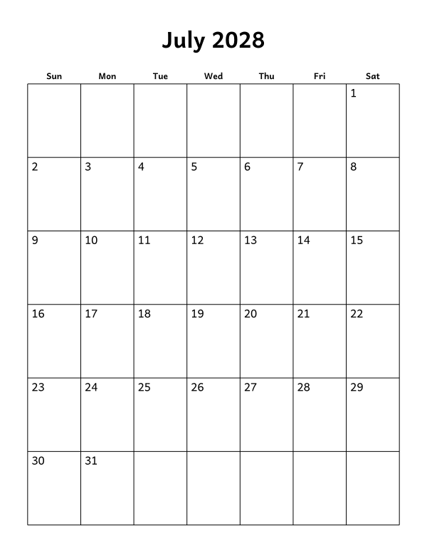 Printable July 2028 calendar, blank layout, week starting Sunday